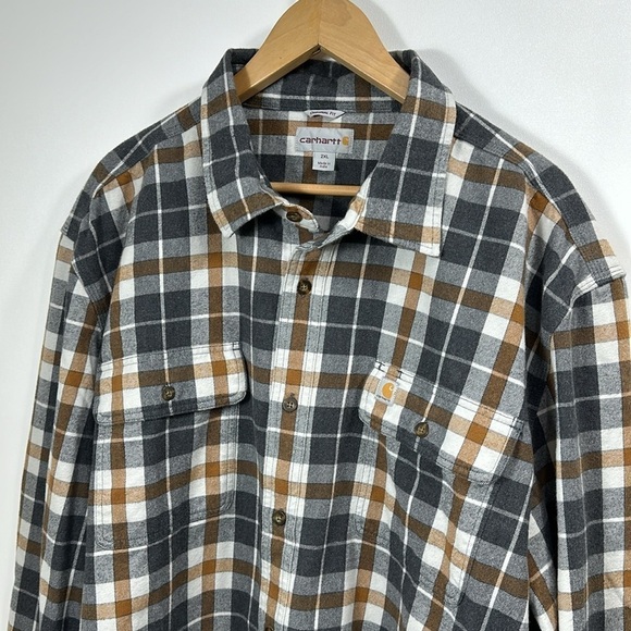Carhartt original fit gray and brown plaid button-down flannel shirt size 2 XL. - Picture 2 of 10